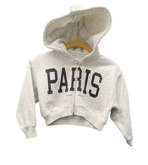 Zara Girls Heather Grey Paris Cropped Full-Zip Hoodie Size 6-7